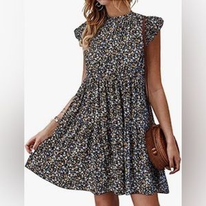 Floral print ruffle short sleeve high neck flowy dress